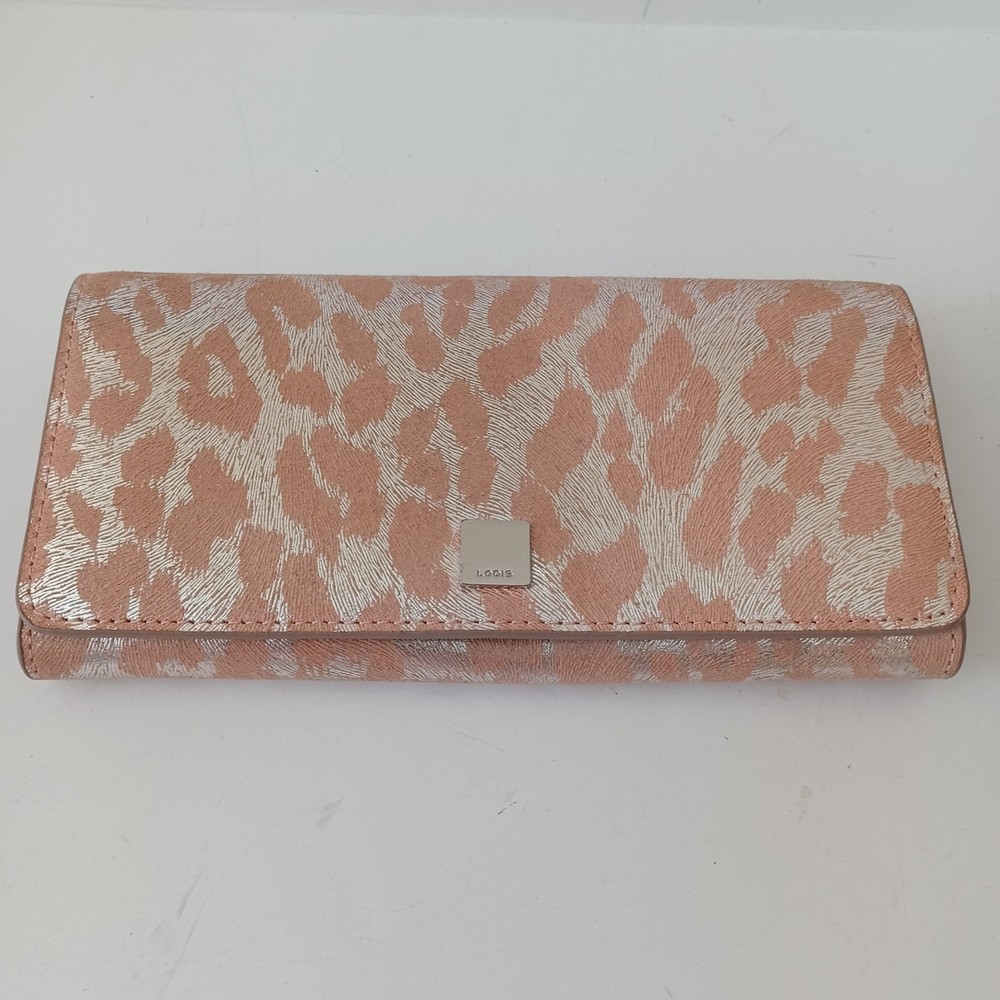 Lodis Metallic Animal Leopard Print Wallet Clutch Peach Pink Silver‎ Bi-Fold - Picture 3 of 10